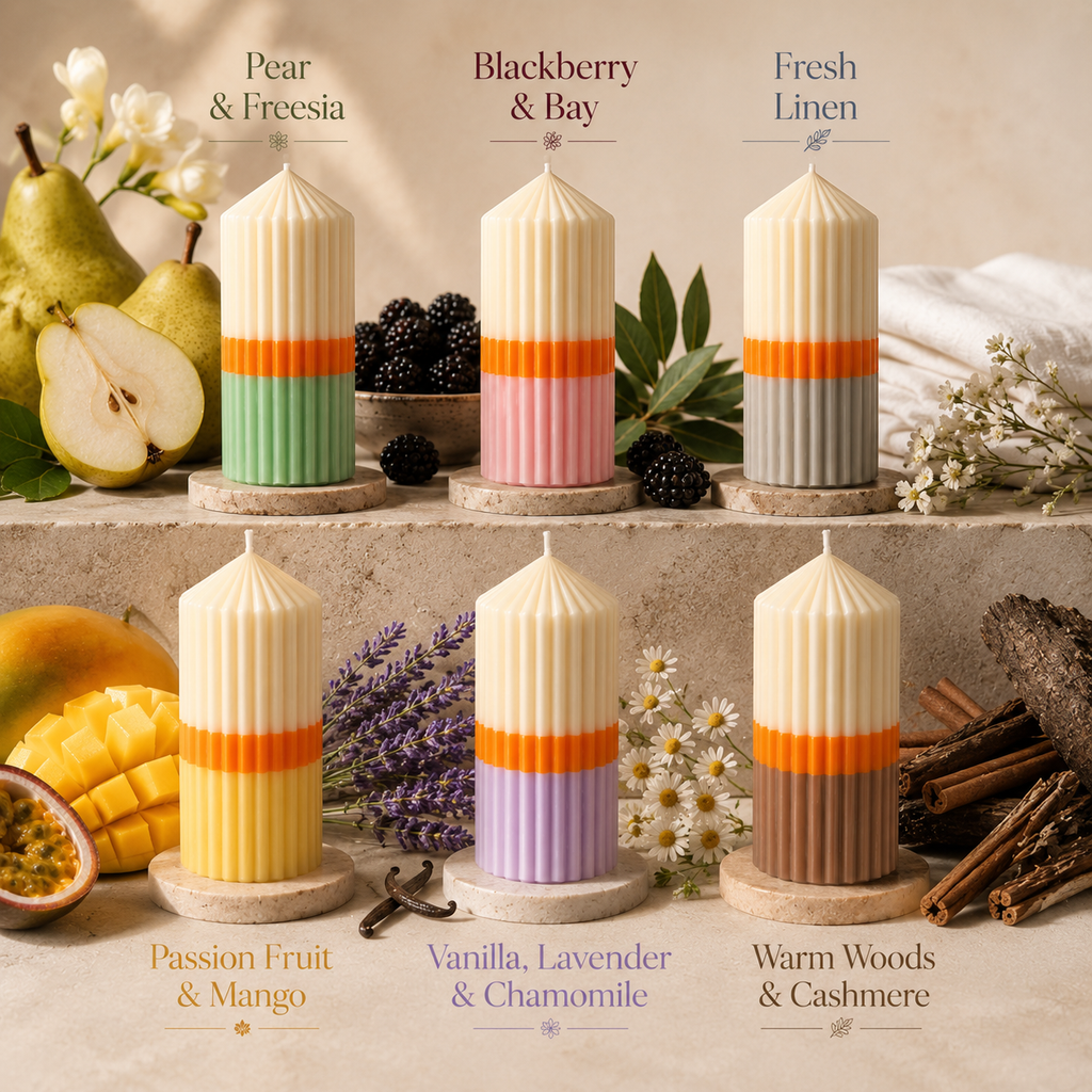 Triola™ Signature Candle Trio Gift Box – Set of 3 Random Decorative Ribbed Pillar Candle Set – Assorted Fragrances