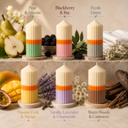 Triola™ Signature Candle Trio Gift Box – Set of 3 Random Decorative Ribbed Pillar Candle Set – Assorted Fragrances