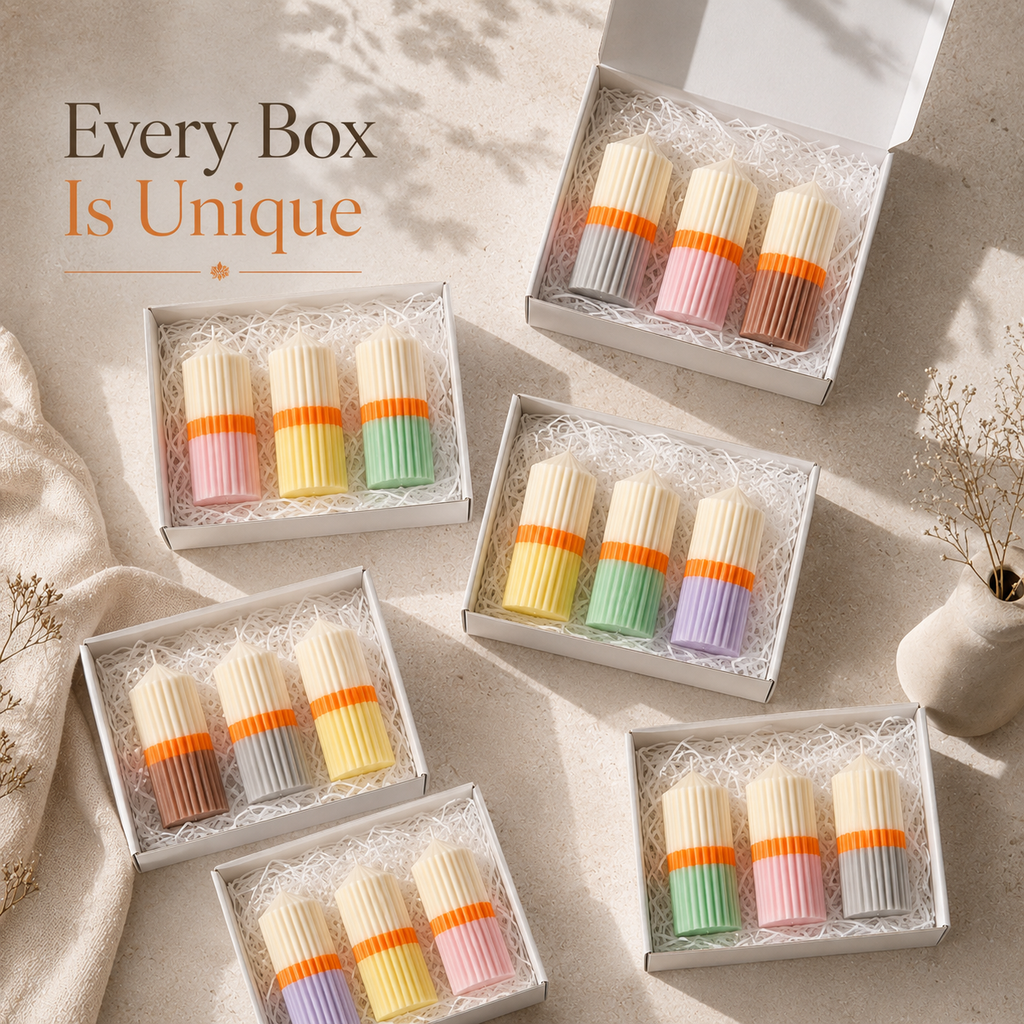Triola™ Signature Candle Trio Gift Box – Set of 3 Random Decorative Ribbed Pillar Candle Set – Assorted Fragrances