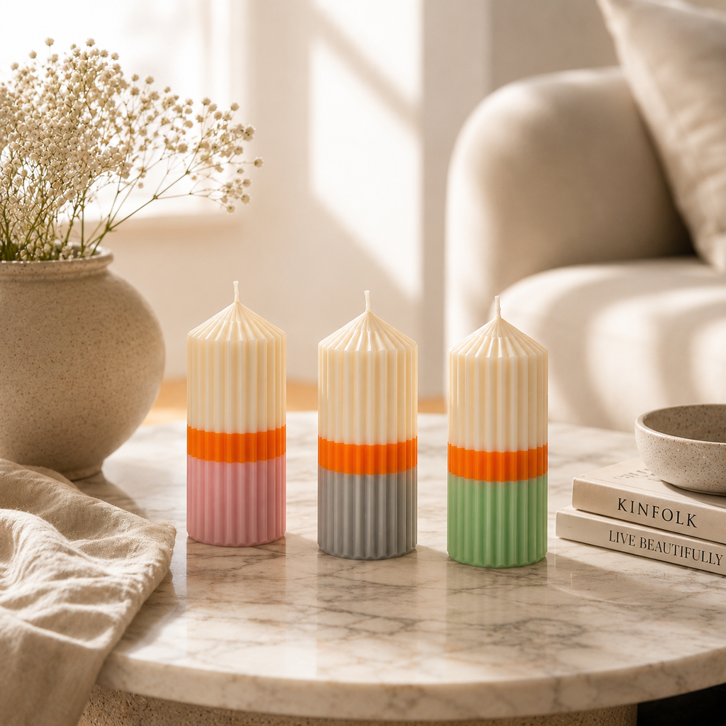Triola™ Signature Candle Trio Gift Box – Set of 3 Random Decorative Ribbed Pillar Candle Set – Assorted Fragrances