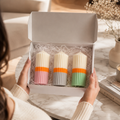 Triola™ Signature Candle Trio Gift Box – Set of 3 Random Decorative Ribbed Pillar Candle Set – Assorted Fragrances