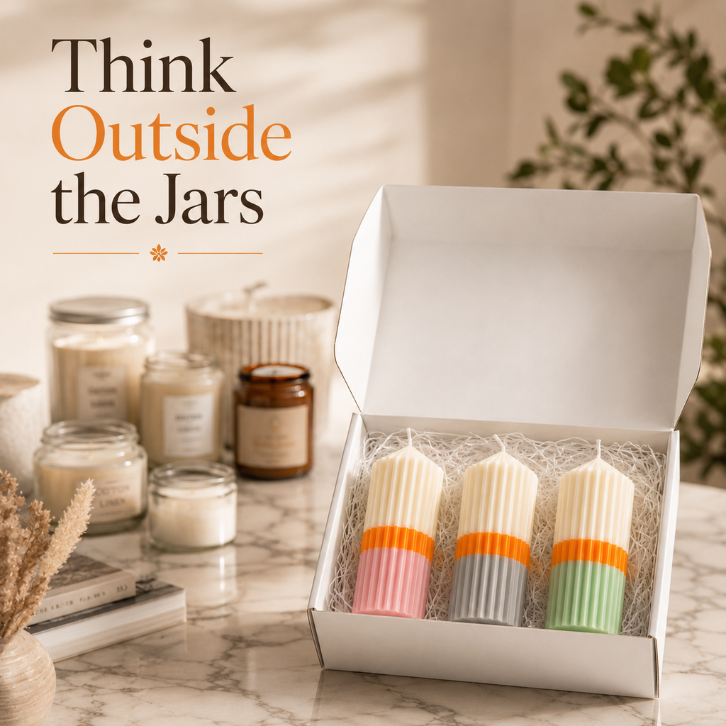 Triola™ Signature Candle Trio Gift Box – Set of 3 Random Decorative Ribbed Pillar Candle Set – Assorted Fragrances