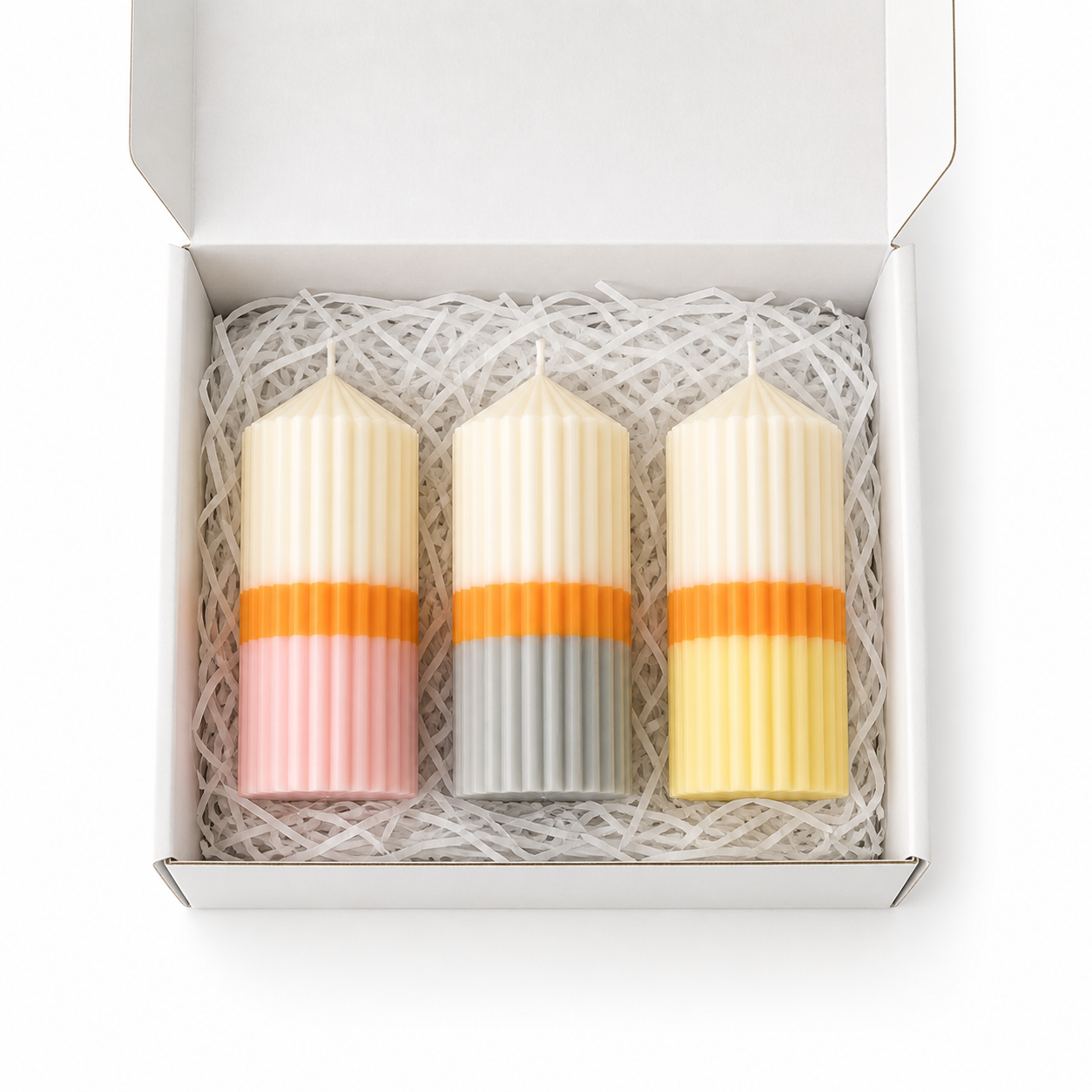 Triola™ Signature Candle Trio Gift Box – Set of 3 Random Decorative Ribbed Pillar Candle Set – Assorted Fragrances
